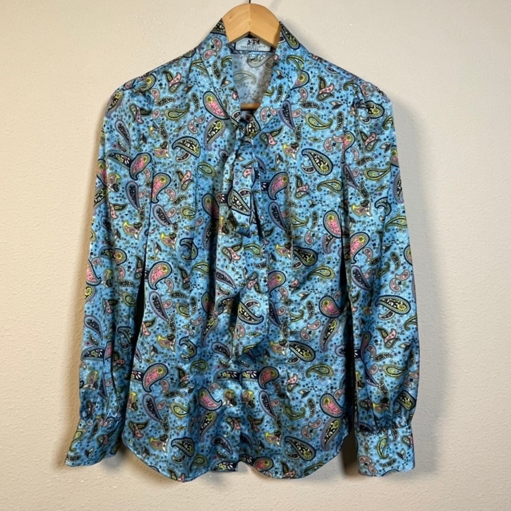 Hawes & Curtis Paisley Blouse Women US 6 UK 10 Blue Office Workwear Long Sleeve